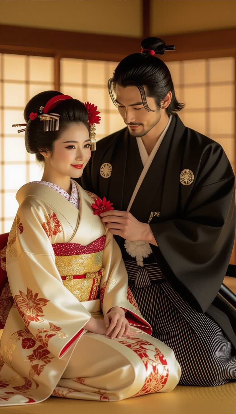 Romantic Japanese Couple in Kimonos, Golden Light