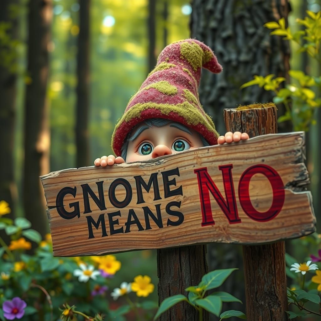 Shy Gnome Peeking in Lush Forest, HDR Art