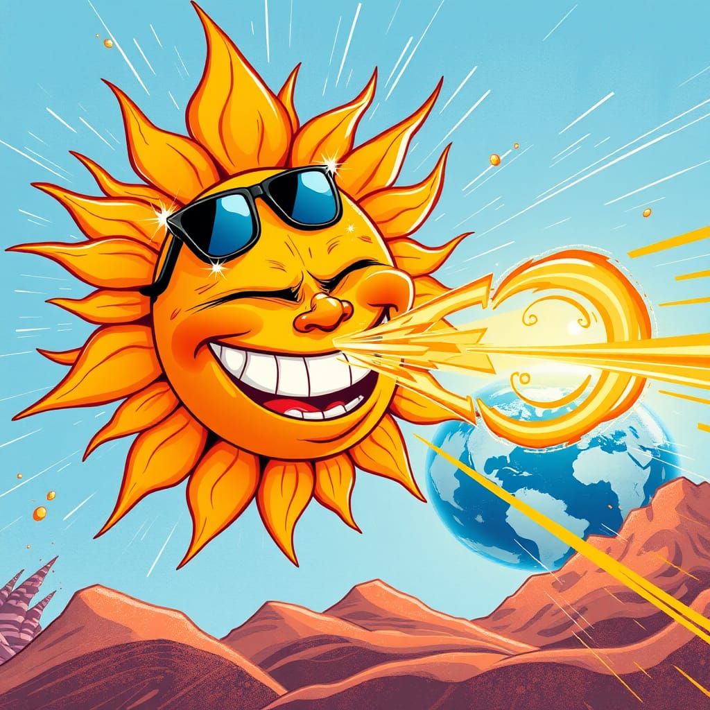 Cartoon Sun Laughing and Shooting Solar Flares