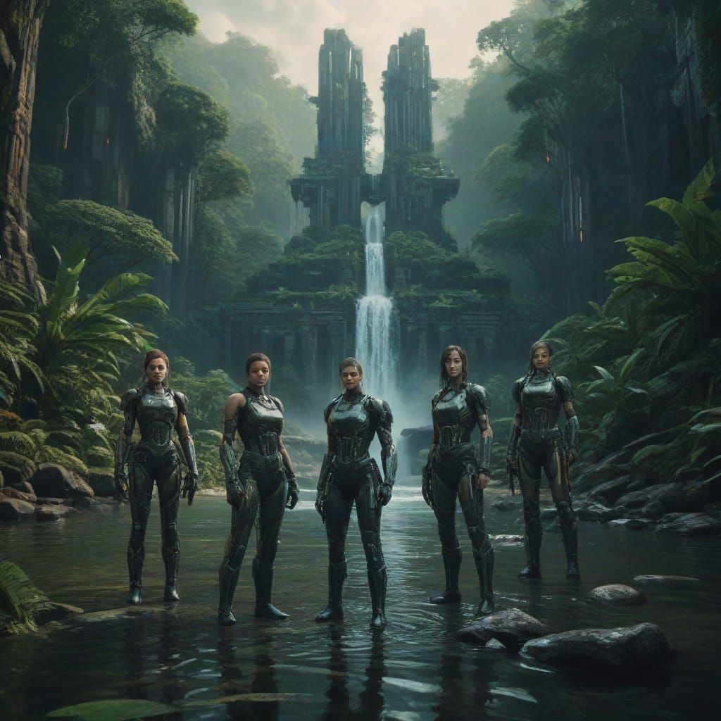 Cyborg Goddesses Stand Guard in Futuristic Rainforest Temple