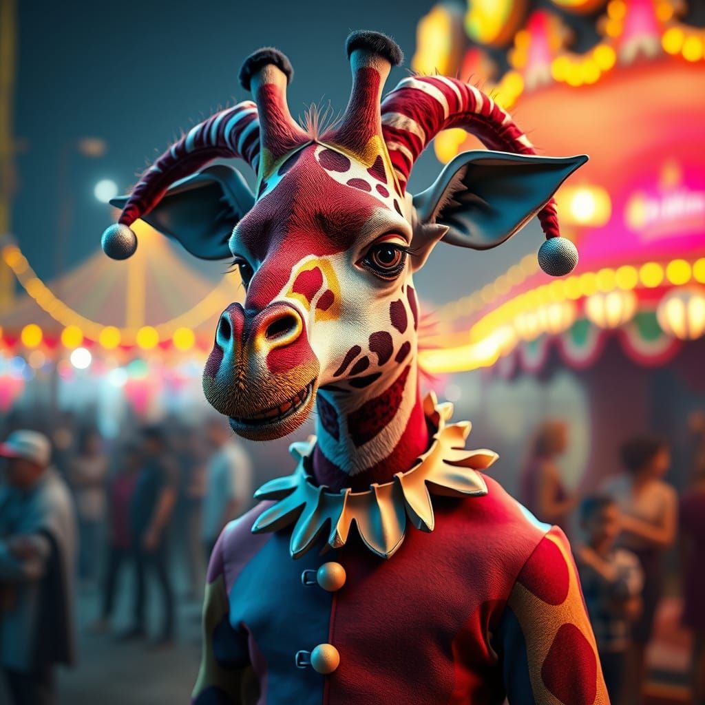 Harley Quinn Giraffe Hybrid in Carnival Setting