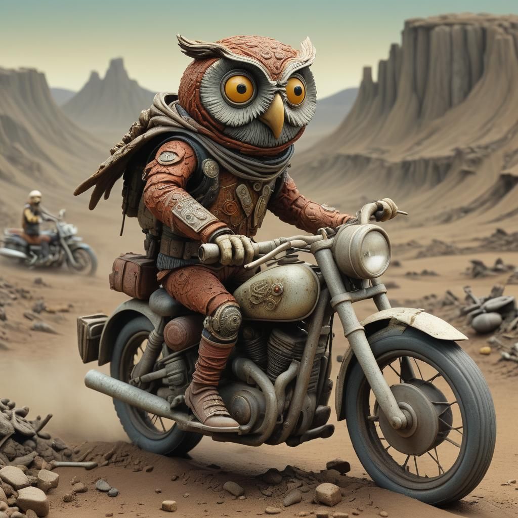 Claymation Owl-Man Rides Motorcycle Through Wasteland