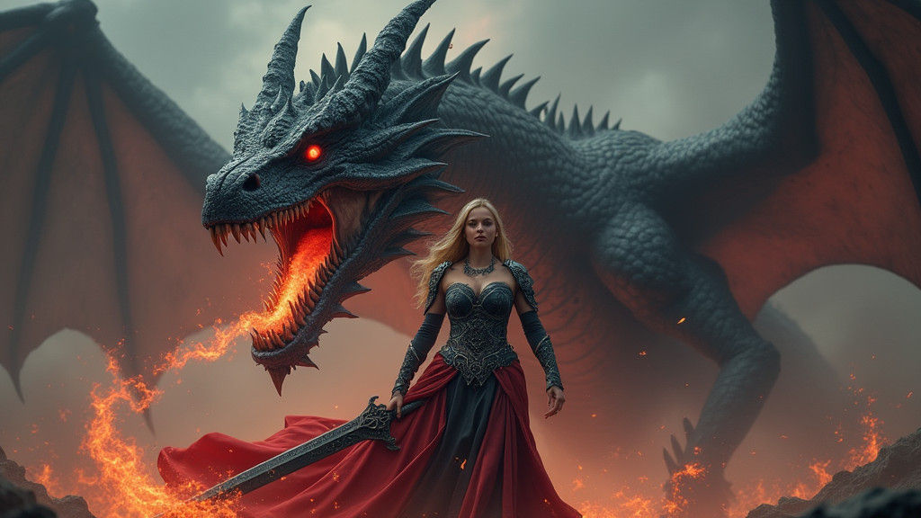 Fierce Warrior and Dragon in Fantasy Art