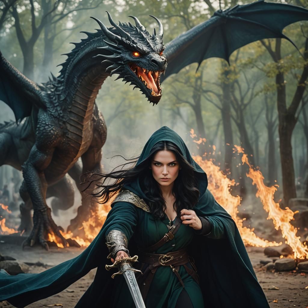 Dragon Rising Behind Woman with Sword