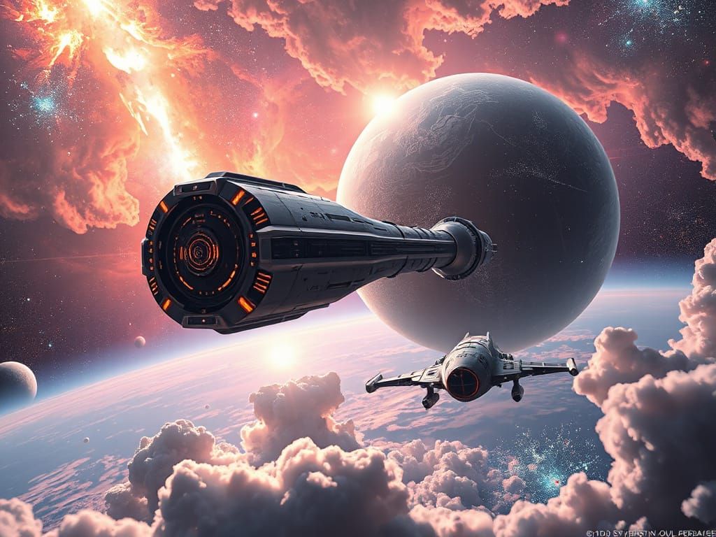 Exploration Starship Approaches Dyson Sphere in Sci-Fi Style