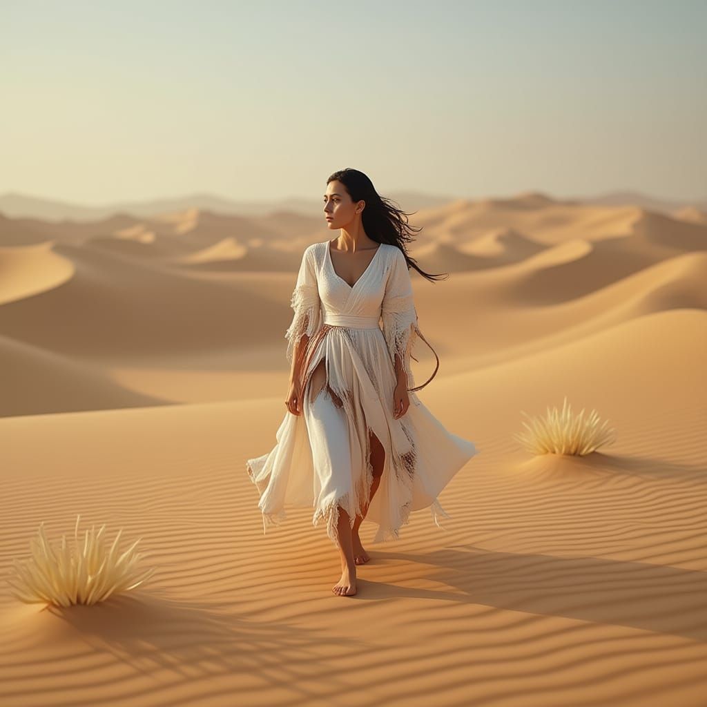 Origami Woman Seeks Love in Vast Desert Landscape