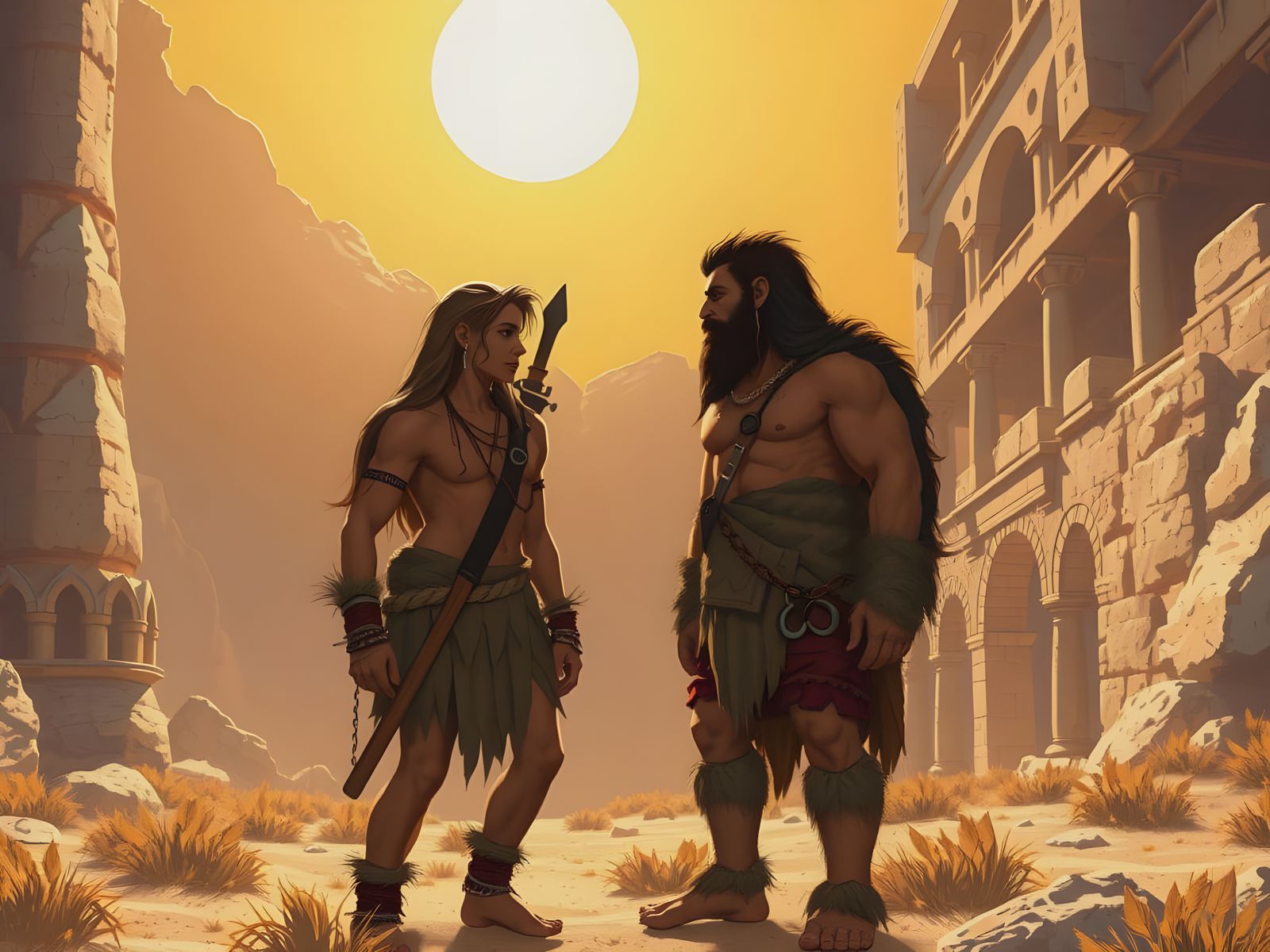 Neanderthal Couple Meeting: Prehistoric Pixel Art