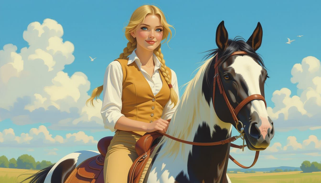 Impressionistic Portrait of Woman on Pinto Horse