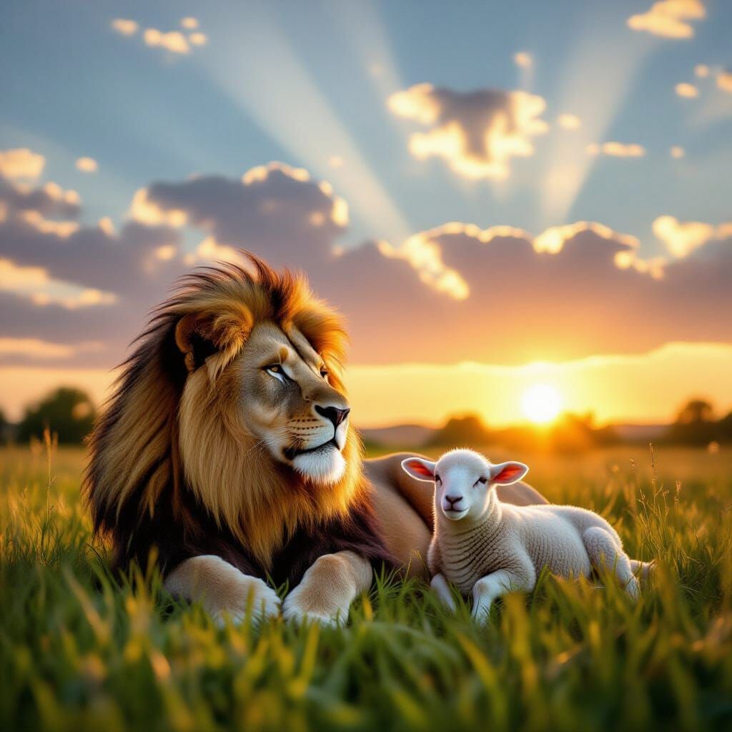 Lion and Lamb in Serene Sunset Meadow