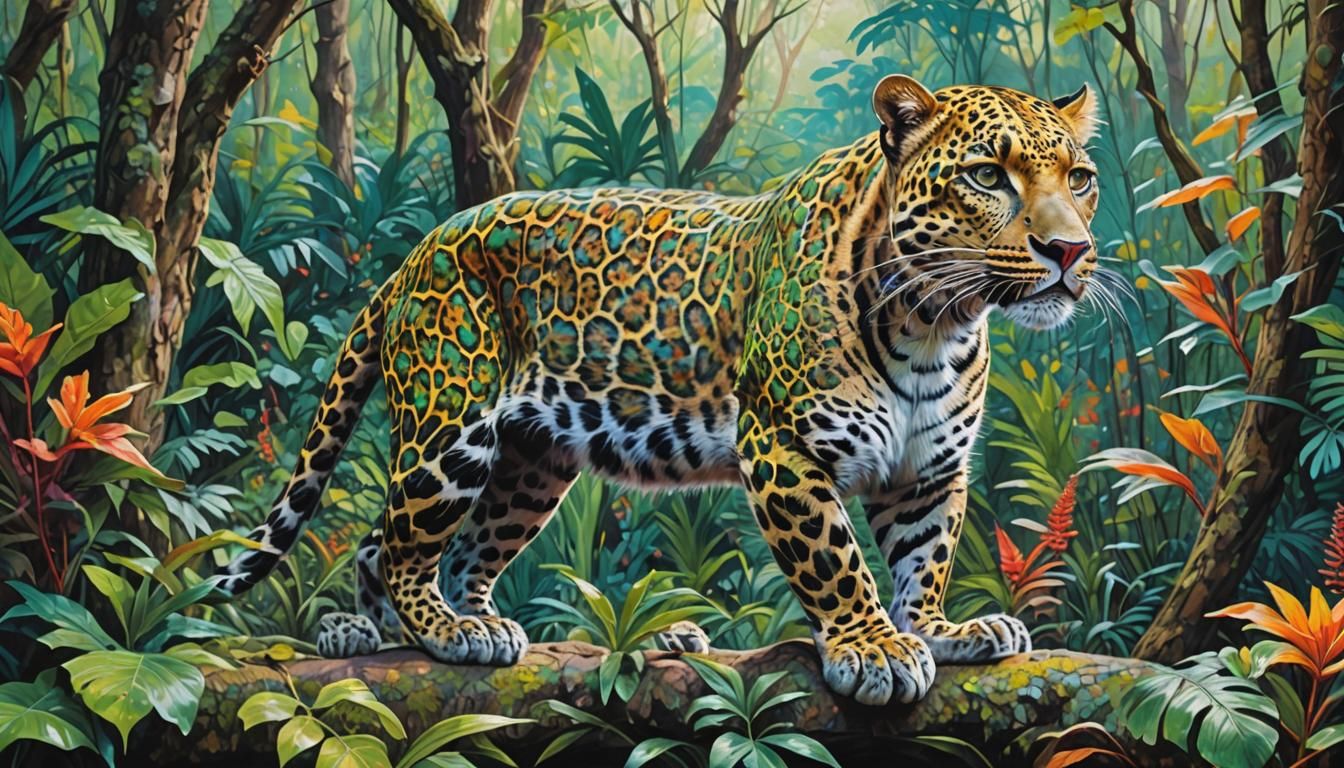 Fluorescent Leopard in Crystalline Jungle: Impasto Painting