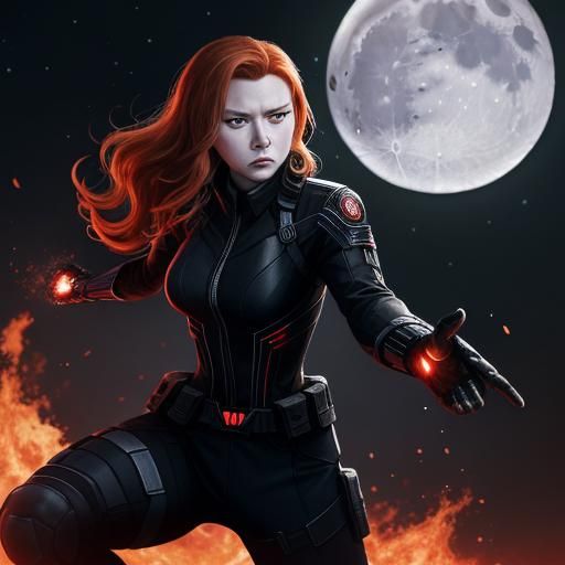 Superheroine in Action Pose with Moon and Flames