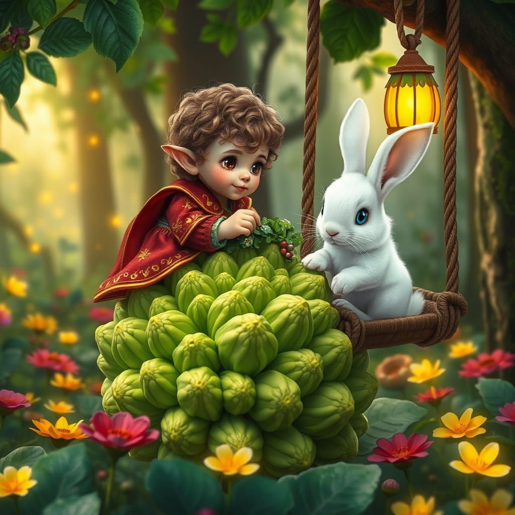 Whimsical Elf in Medieval Garb Sits on Electric Green Brocco...