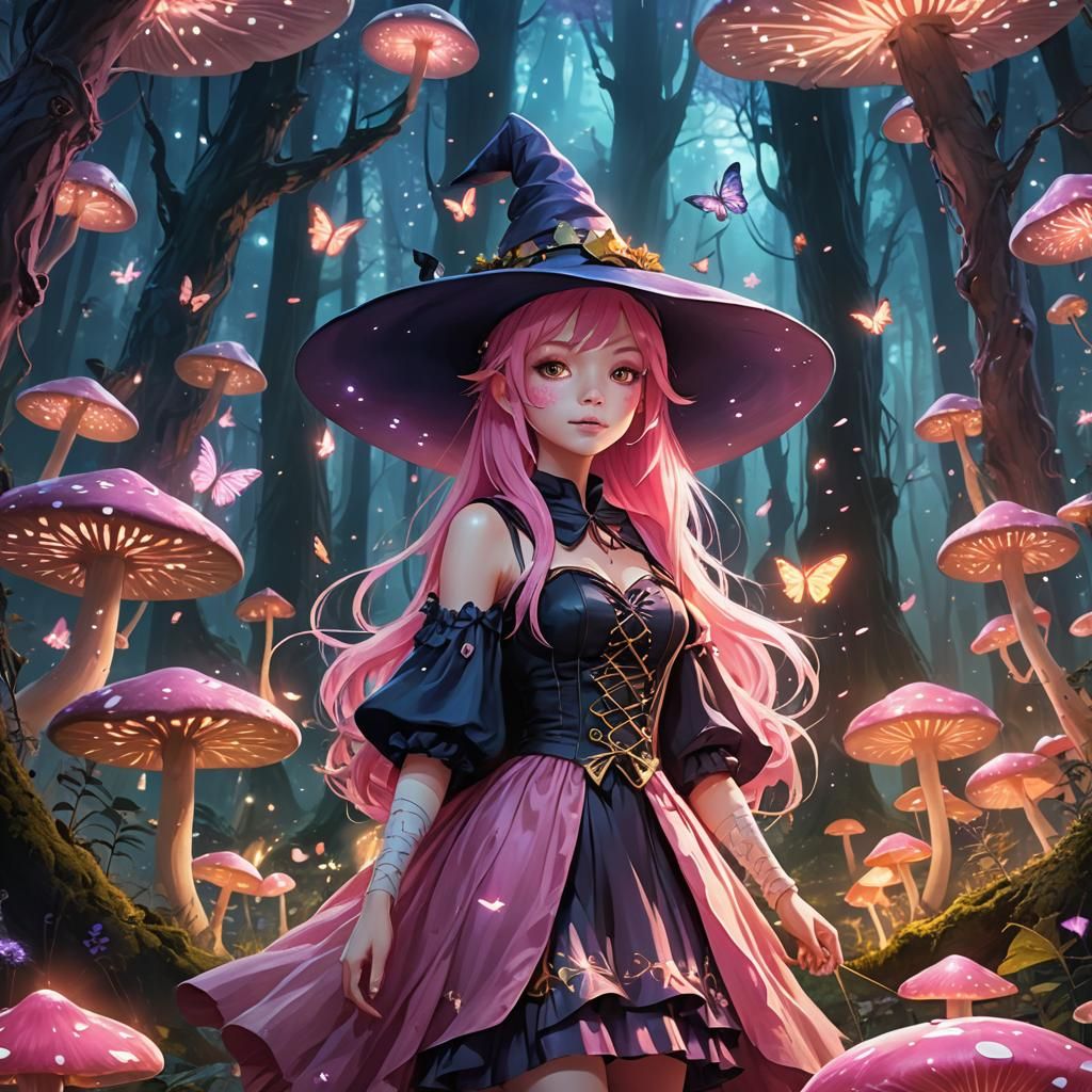 Anime Witch in Mystical Forest, Digital Art
