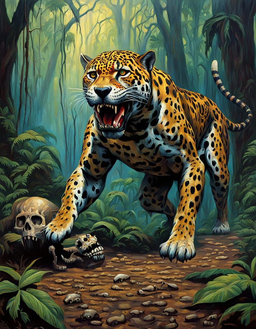 Ancient Mesoamerican Jaguar Totem in Dark Rainforest