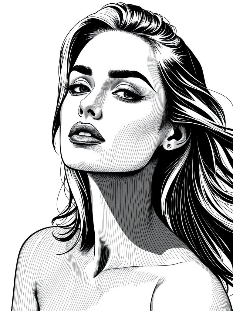 Pop Art Portrait of a Lady Drawn with Fine Contour Lines