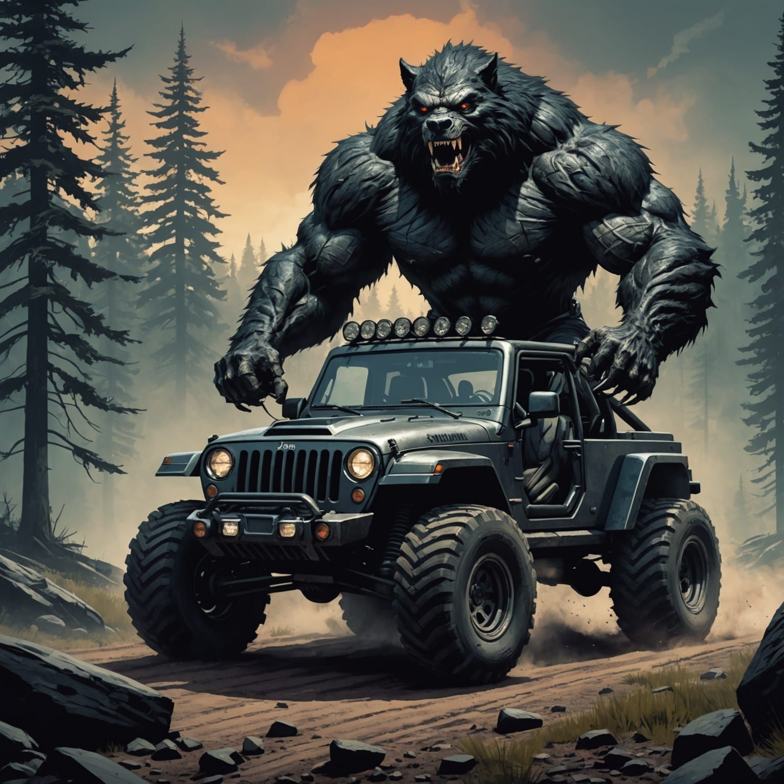 Werewolf Drives Modified Jeep: Sinister Digital Art