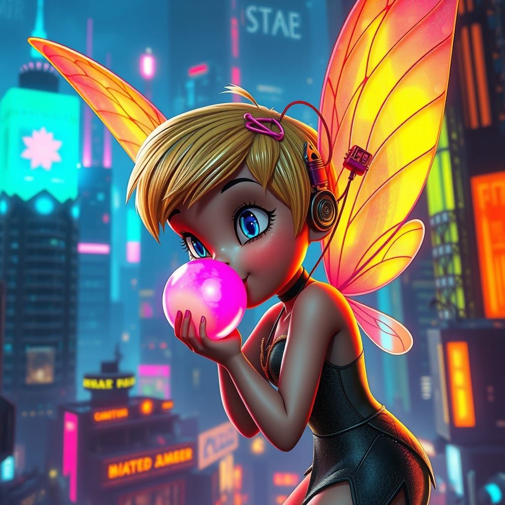 Cyberpunk Fairy Amidst Neon Skies