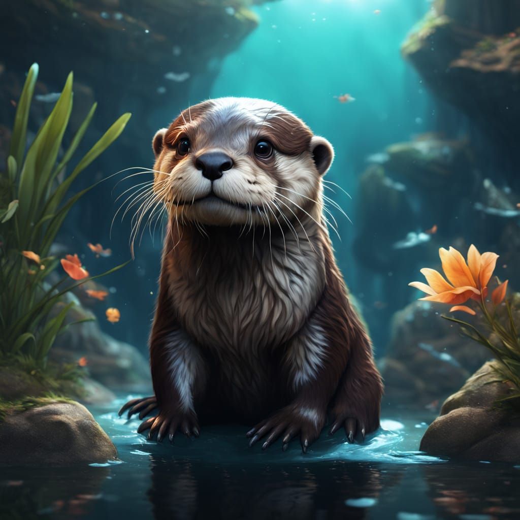 Vibrant Baby Otter in Whimsical Fantasy Landscape