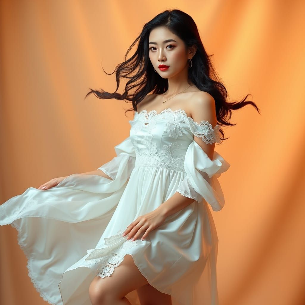 Elegant Japanese Woman in White Silk Dress