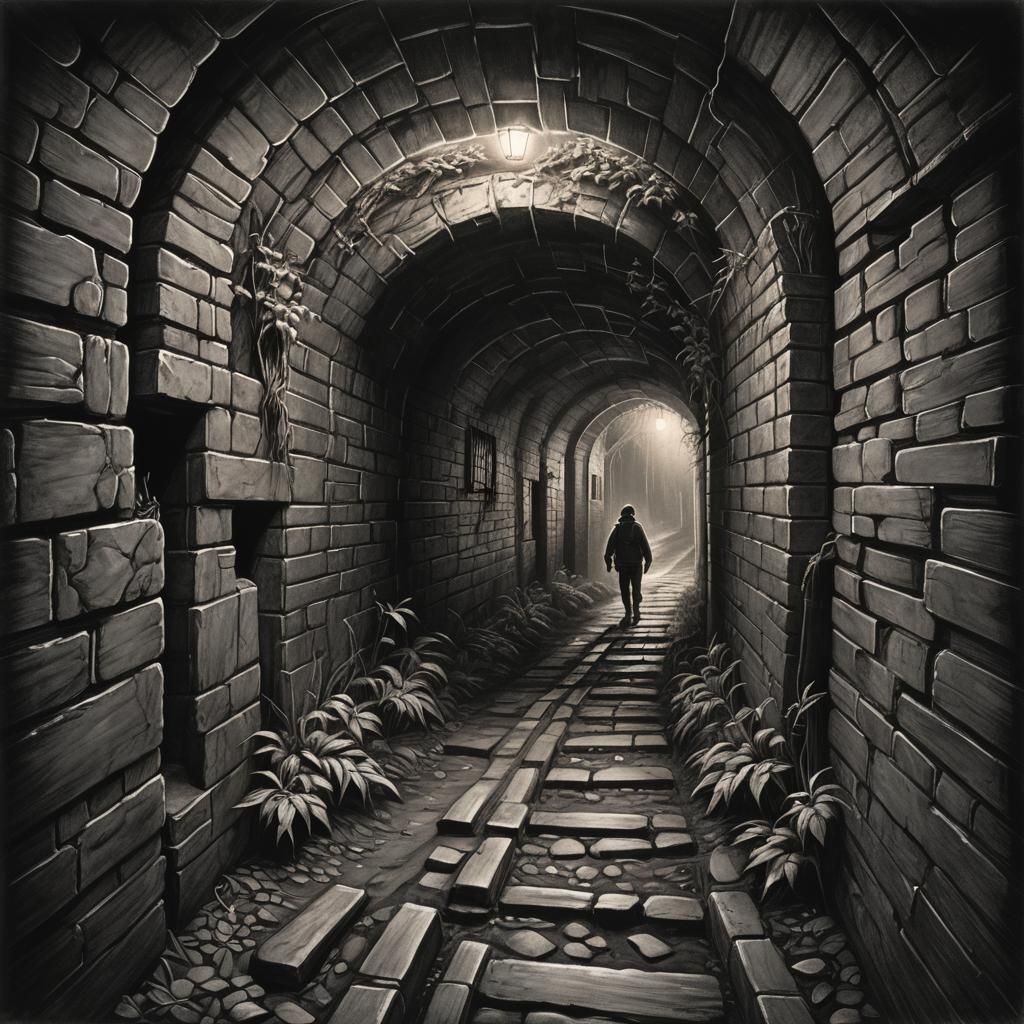 Fantasy Tunnel in Dark Atmospheric Charcoal Drawing