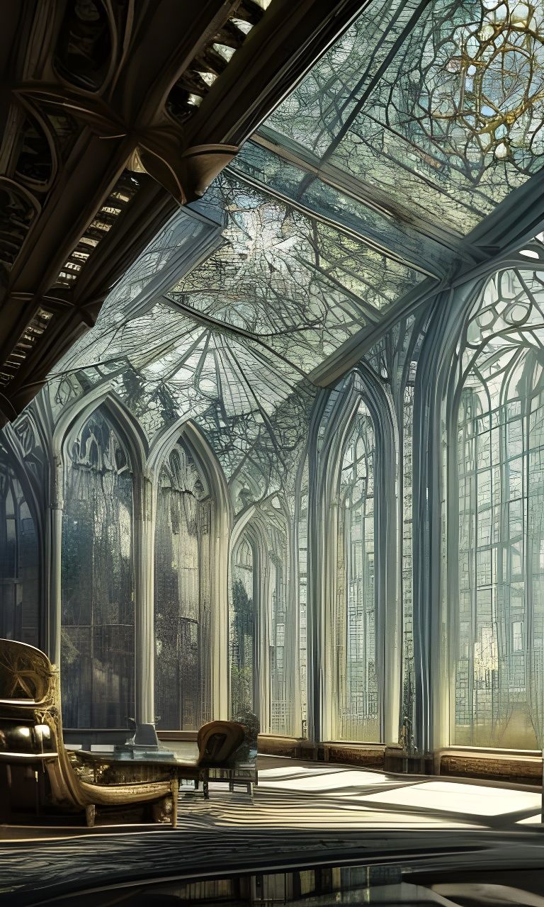 Glass Cathedral in Forest with Volumetric Lighting