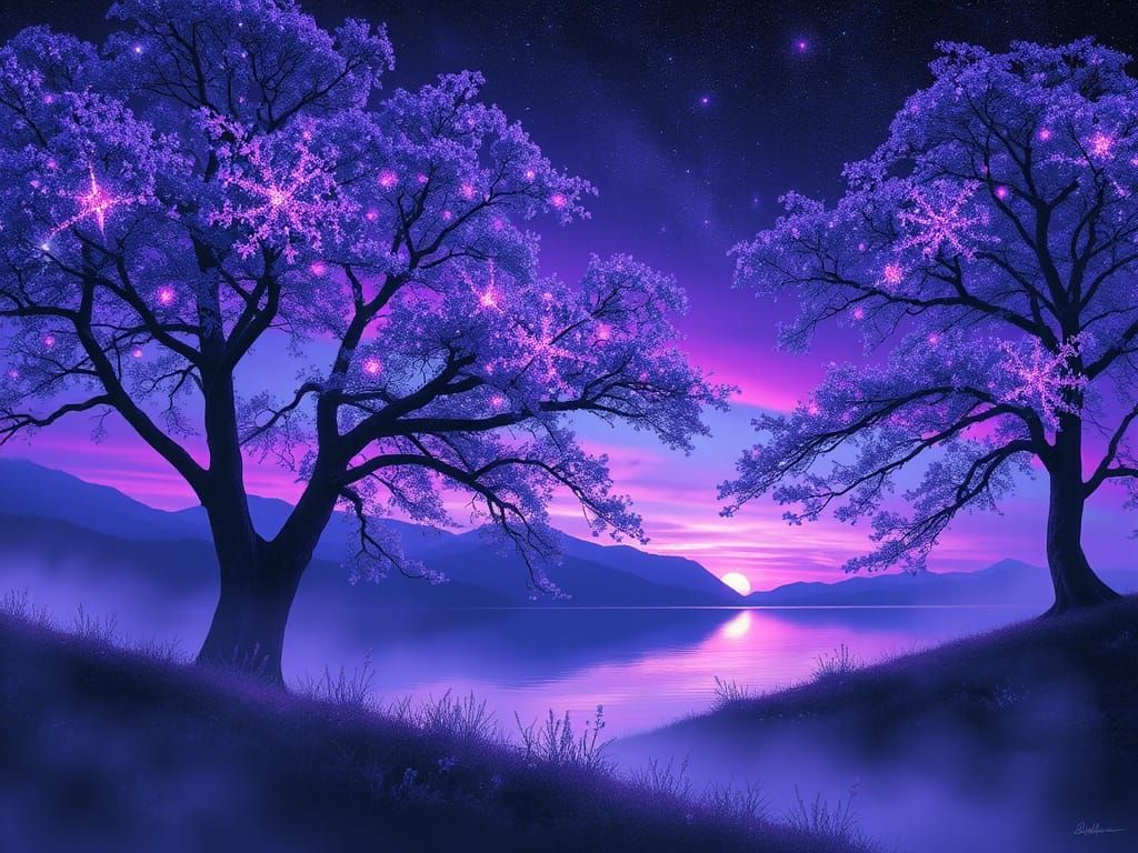 Dreamlike Landscape Under a Deep Purple Sky
