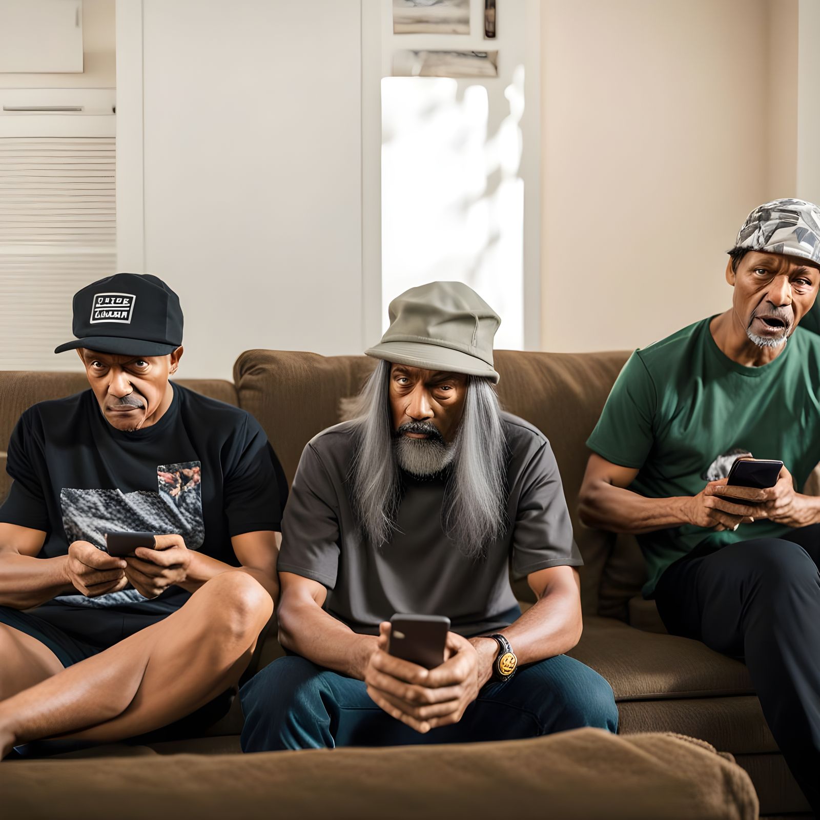 Three Men on Couch Looking at Phones