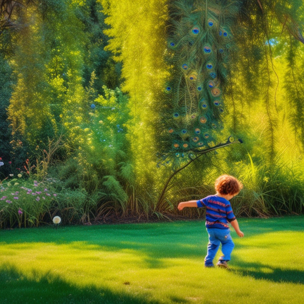 A little boy with brown curly hair chases a beautiful peacock that runs away!
