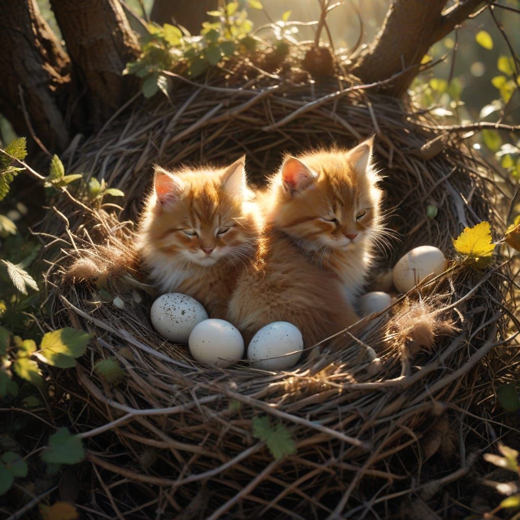 Golden Kitten in a Bird's Nest under Warm Golden Hour Lighti...