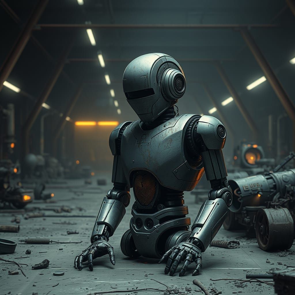 A Weathered Robot in a Desolate Industrial Wasteland