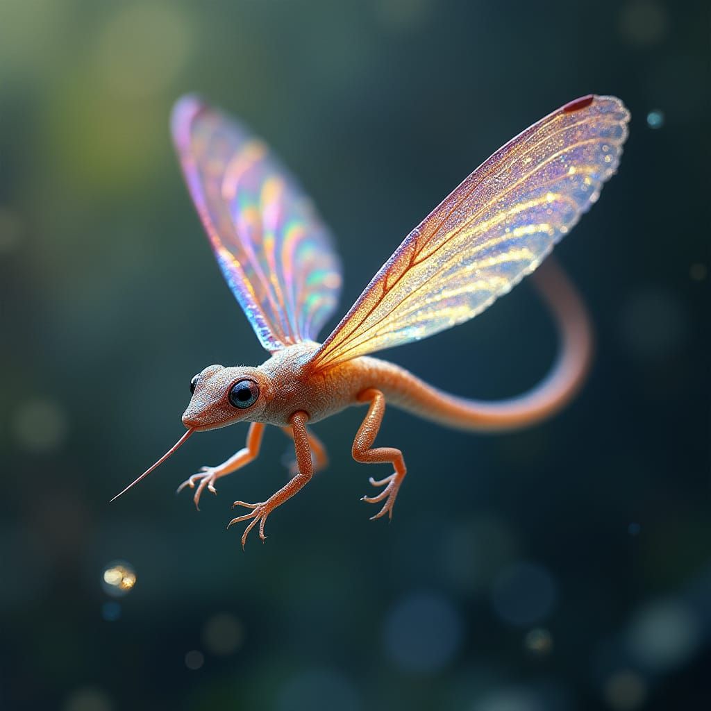 Iridescent Reptilian Winged Creatures in Mid-Air