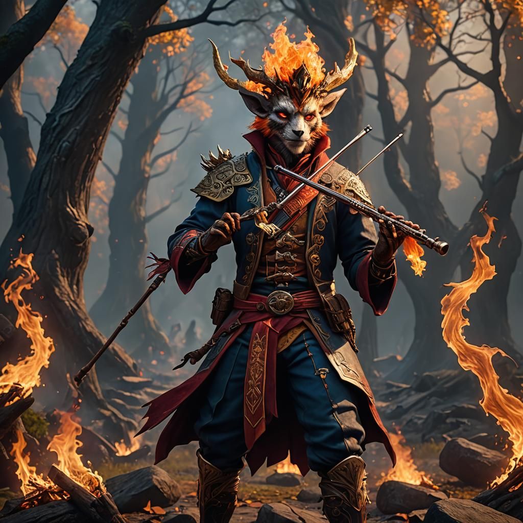 Fiery Humanoid Bard with Flute: Fantasy Concept Art