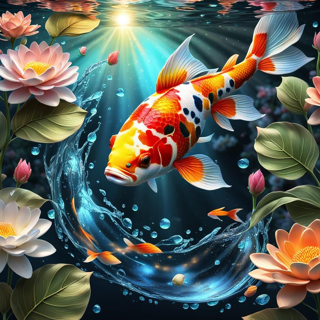 Hyperrealistic Koi Fish in Sunrise Flower