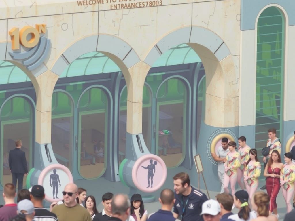 Sweeping Futuristic Entrance in Retro-Futuristic Style