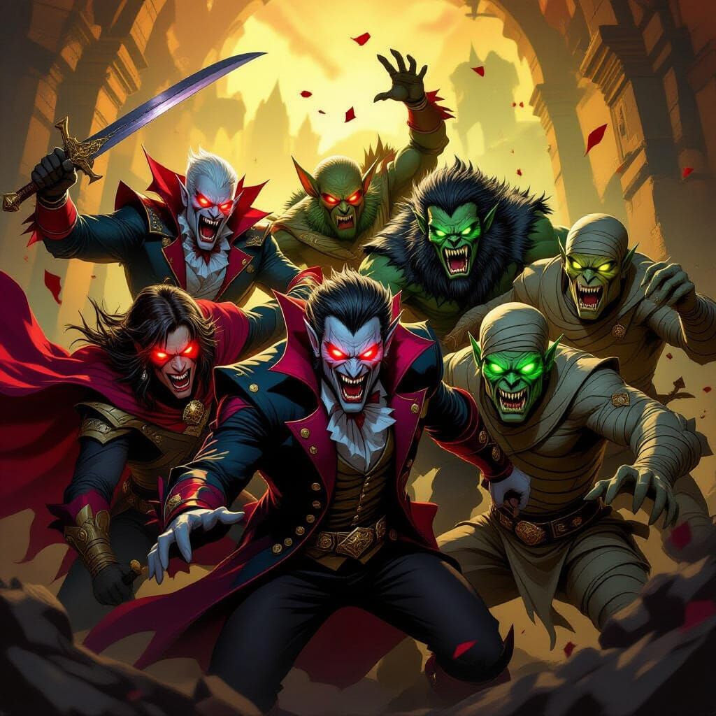 Dark Fantasy Battle: Vampires, Werewolves, and Mummies Clash