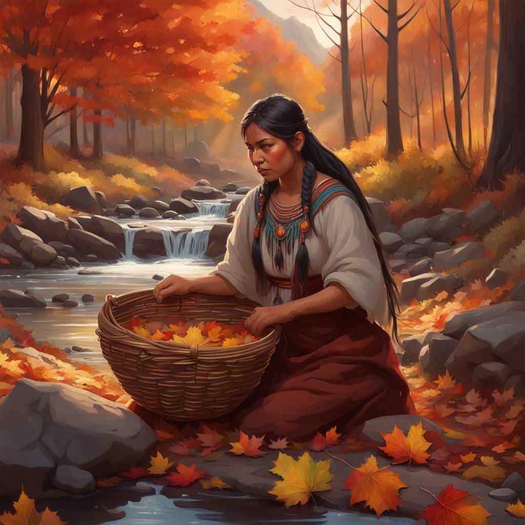 Native American Woman Weaving Basket in Autumn