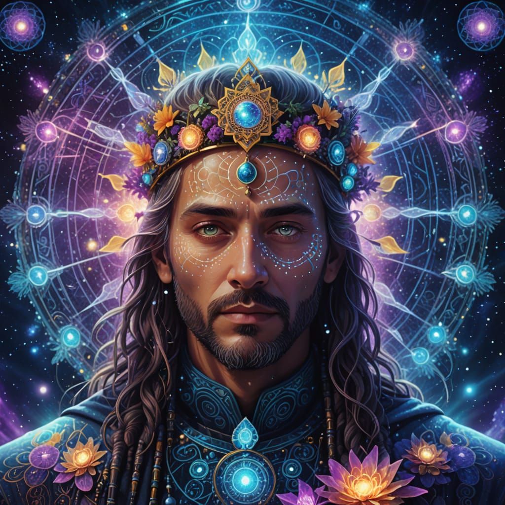 Celestial God Priest in Vibrant, Iridescent Aura