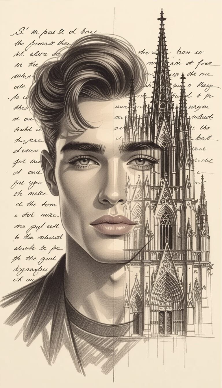 Pencil Sketch Portrait Merges with Cathedral Architecture