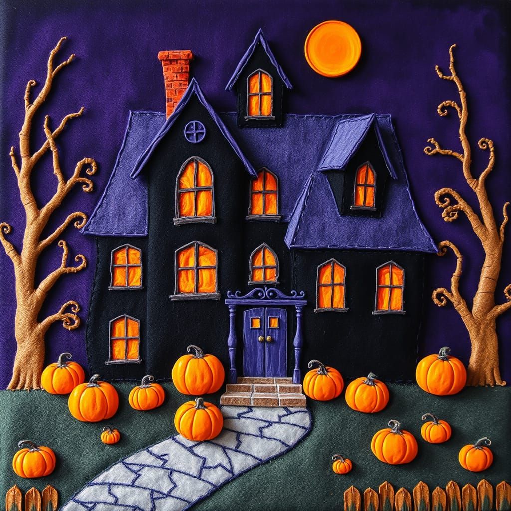 Felt Halloween Haunted House with Pumpkins in Gouache Style