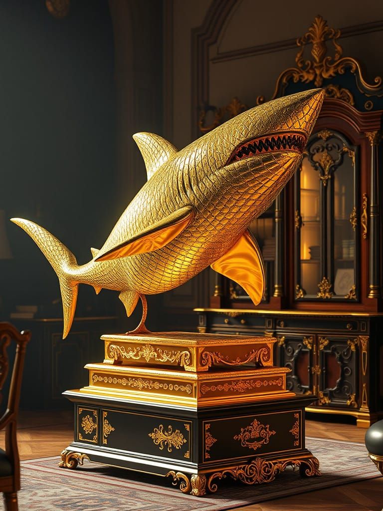 Golden Shark Sculpture in Elegant Fantasy Environment