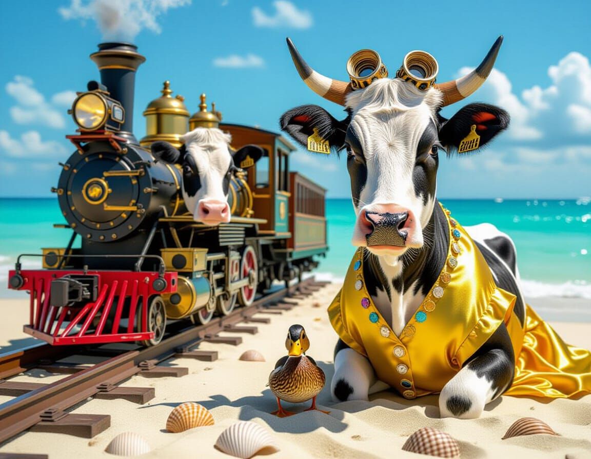 Steampunk Beach Vacation with Cow in Curlers