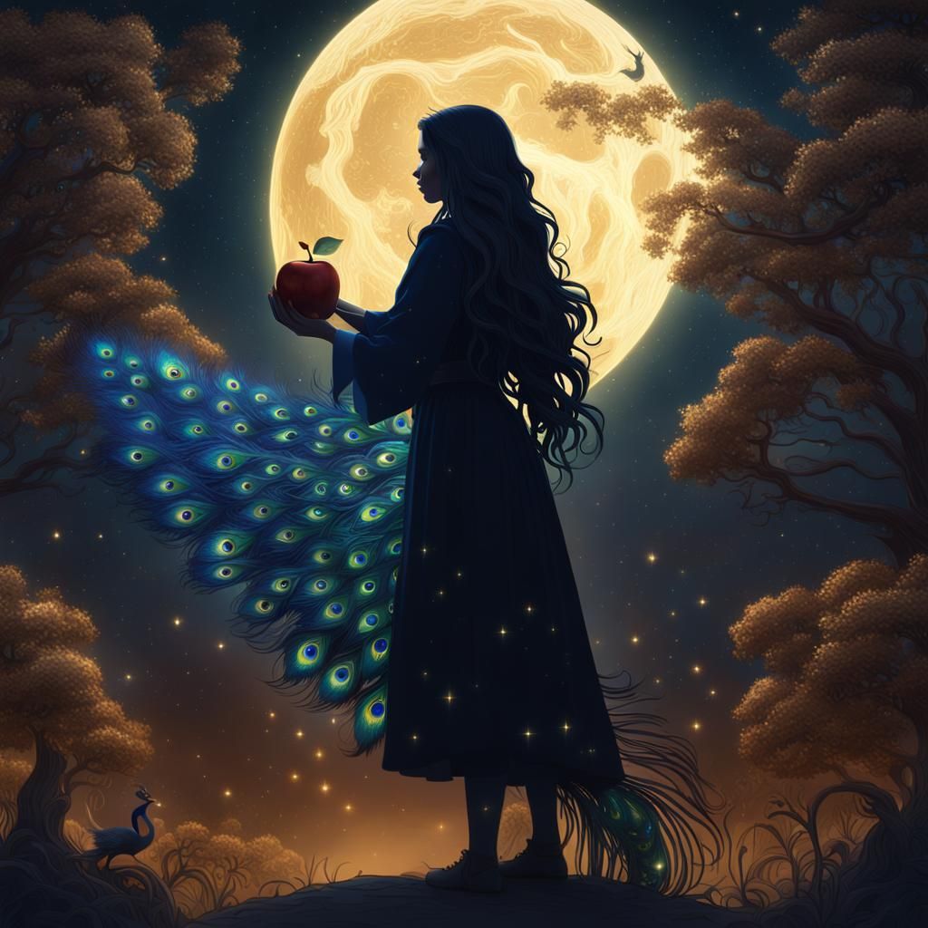 Woman and Peacock in Starry Night: Fantasy Art