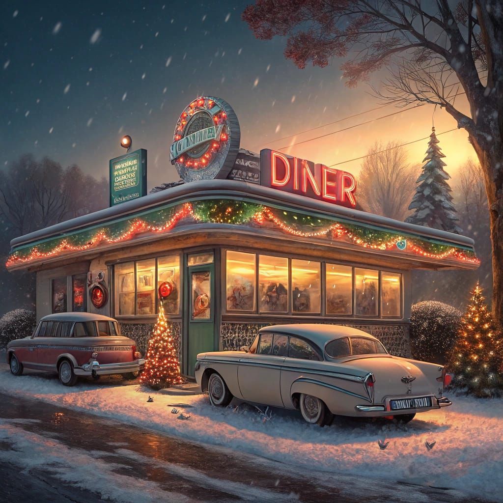 Retro Diner Scene Christmas 1956