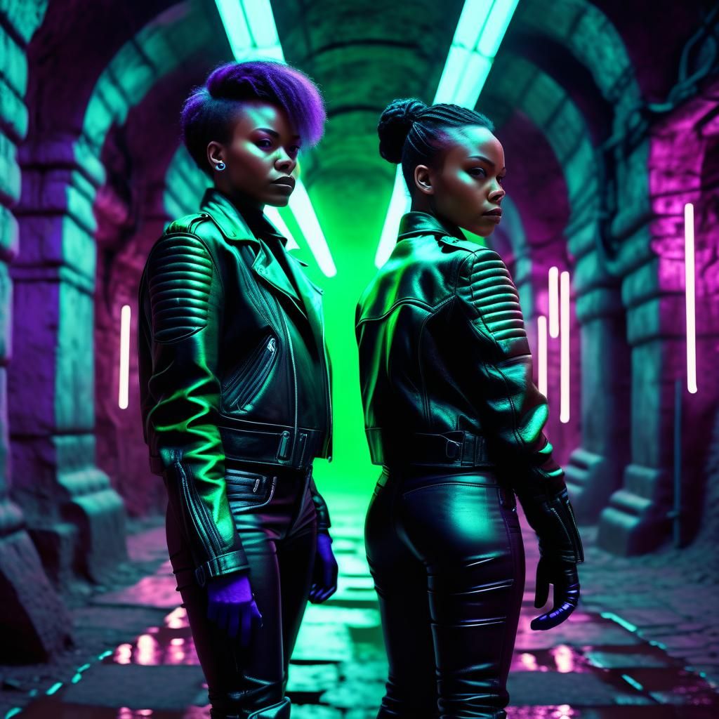 Synthwave Sorceresses in Glowing Underground City