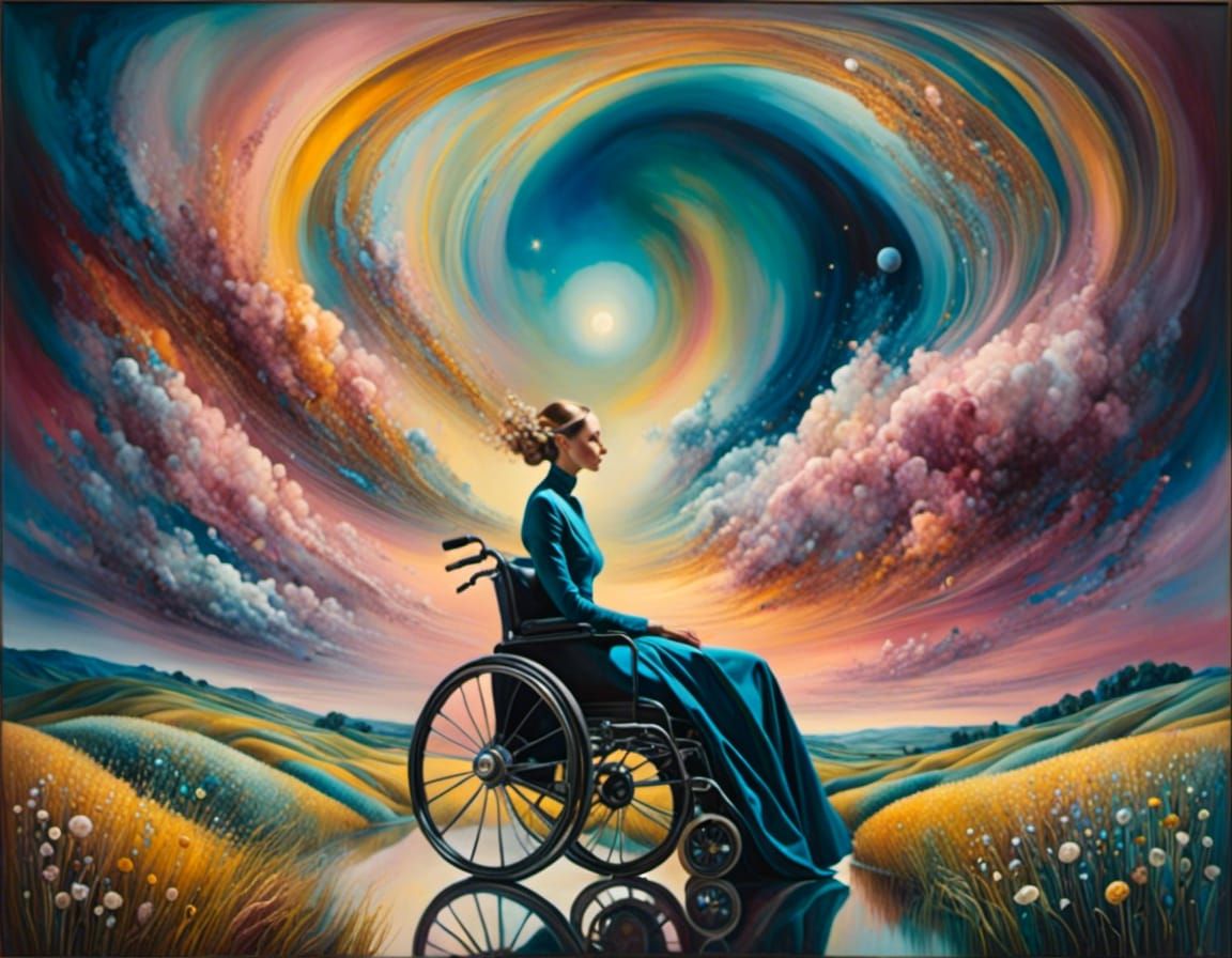 Woman in Wheelchair Under Surreal Twilight Sky