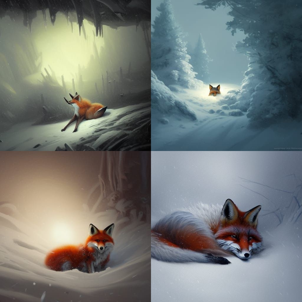 Fox in Blizzard: An Oil Painting Inspired by Art Nouveau