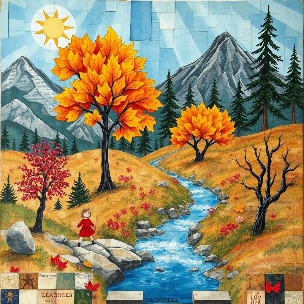 Children Playing in Autumn Landscape, Mixed Media Collage