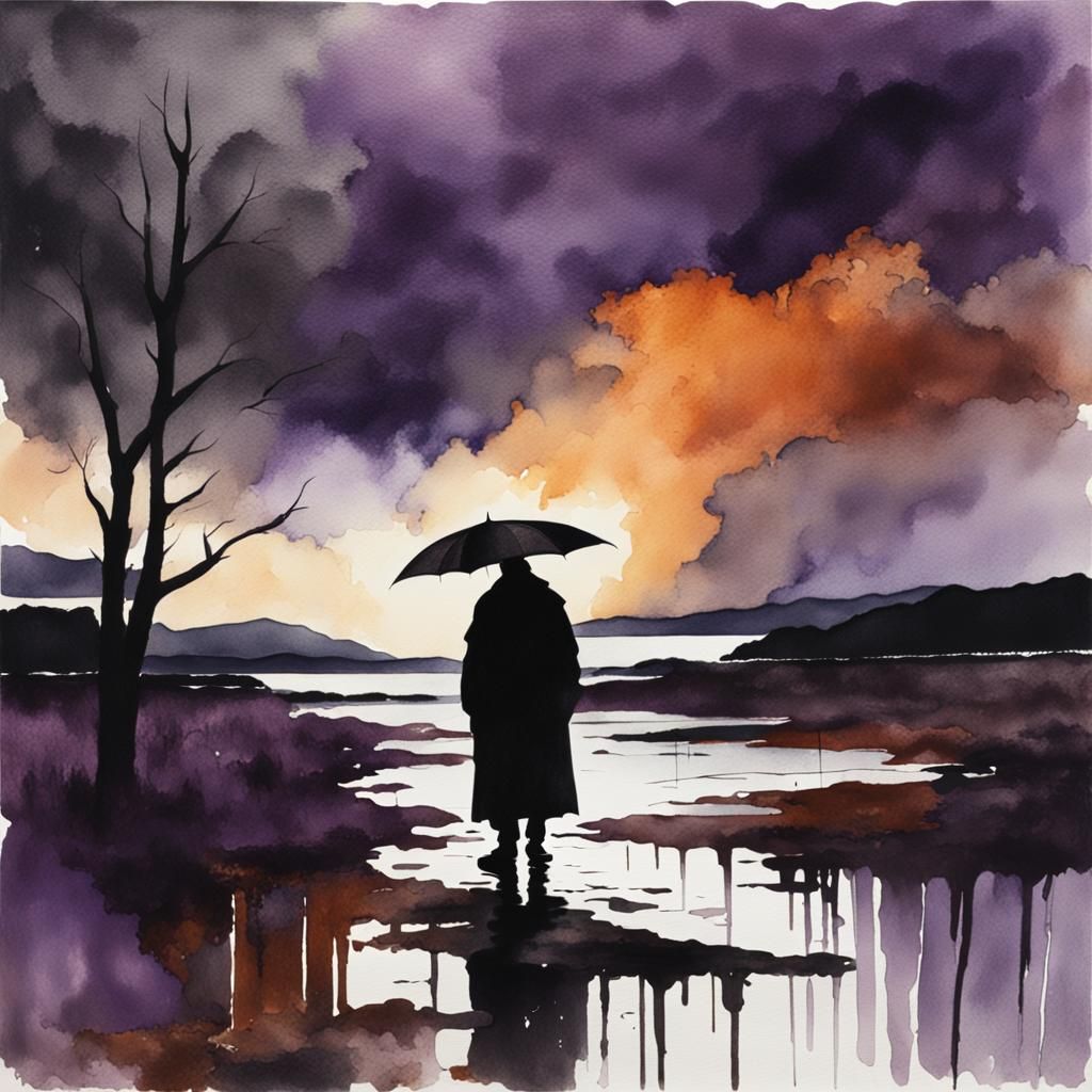Moody Watercolor Landscape with Cloaked Figure