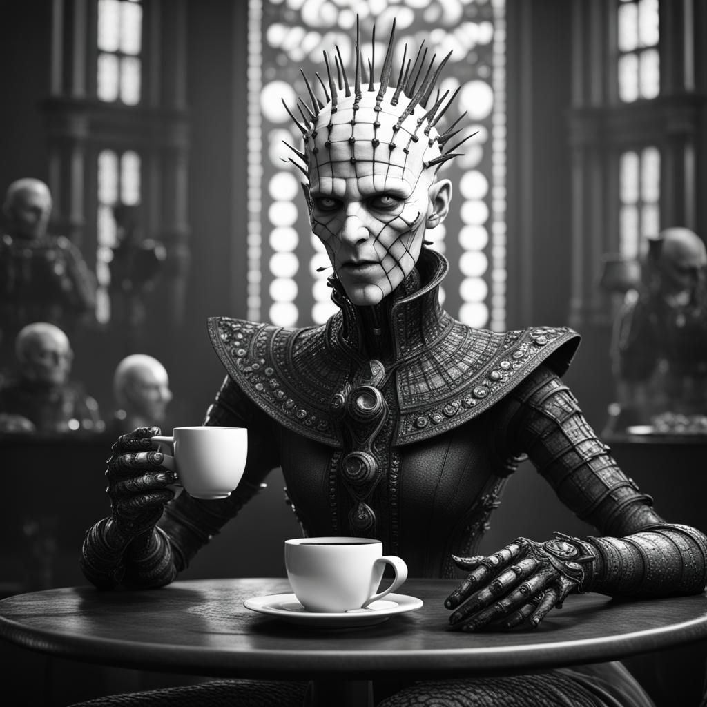 Pinhead Having Coffee in Black and White