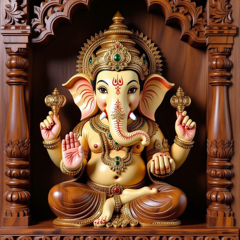 Ganesha Sculpture Carved from Richly Textured Wood